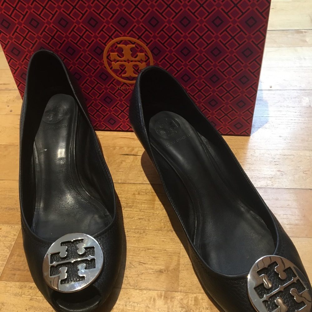 Tory Burch Black/Silver wedge size 12.